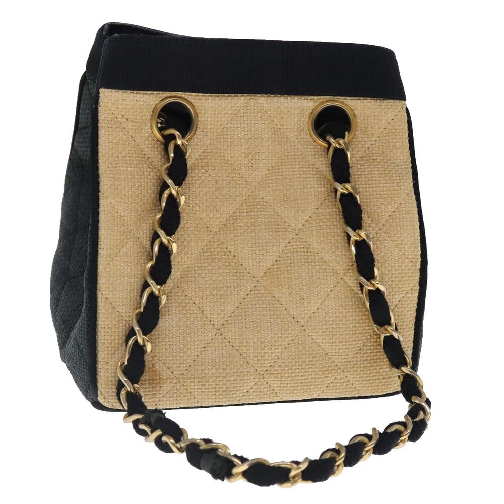 CHANEL Hand Bag Straw Beige Black CC